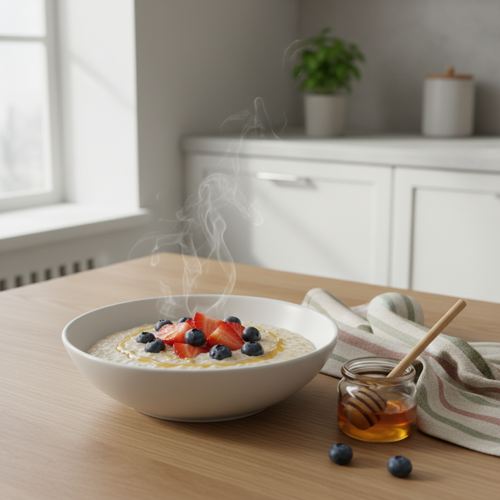 A tidy kitchen scene with a simple, white ceramic bowl filled with warm oatmeal topped with sliced strawberries, blueberries, and a drizzle of honey, placed on a light oak table. Nearby, a folded cotton dish towel in muted earth tones and a small glass jar of honey with a wooden dipper add texture. Soft morning light streams in from the left, catching gentle steam rising from the bowl and creating a warm, nurturing glow. The background features a blurred hint of minimalist cabinetry and a small potted herb. Photographic realism, eye-level composition, and shallow depth of field evoke a tender, self-caring start to the day for a busy mom healing from trauma.