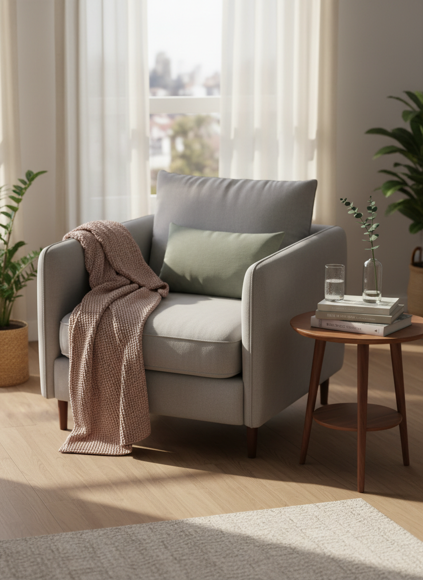 A cozy corner of a living room centered on a plush, pale-gray armchair with a knitted blush-pink throw and a small, supportive lumbar pillow in muted sage. A round wooden side table holds a stack of well-worn hardcover books about healing and resilience, a glass of water with condensation, and a small vase with a single eucalyptus stem. Soft late-afternoon natural light filters through semi-sheer curtains, casting gentle, elongated shadows on the hardwood floor. The mood is safe, grounded, and quietly hopeful. Photographic realism with a slightly elevated angle and subtle bokeh in the background, creating a clean, modern composition that invites rest and emotional processing without any human presence.